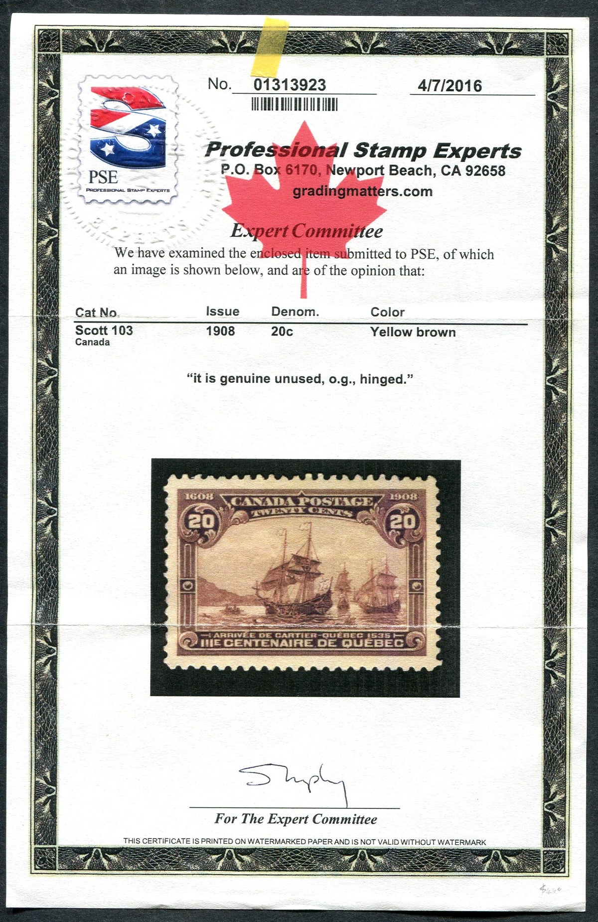 0103CA2506 - Canada #103, w/Certificate