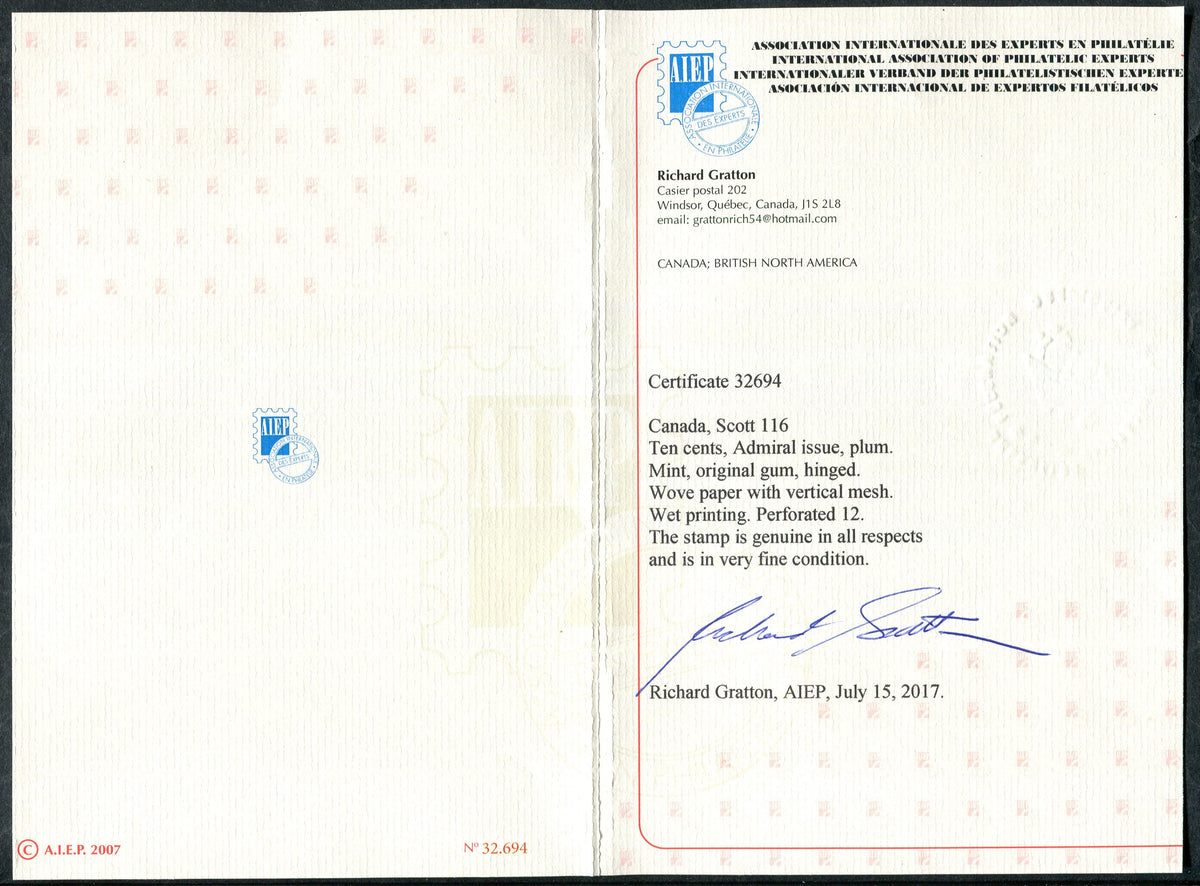 0116CA2506 - Canada #116, w/Certificate