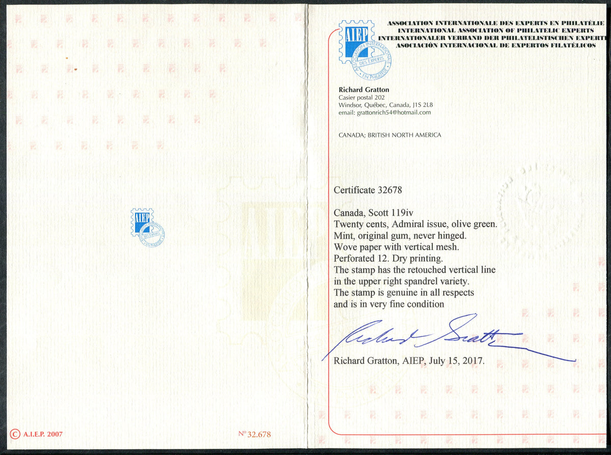 0119CA2506 - Canada #119iv - Mint Retouched Line in Spandrel, w/Certificate