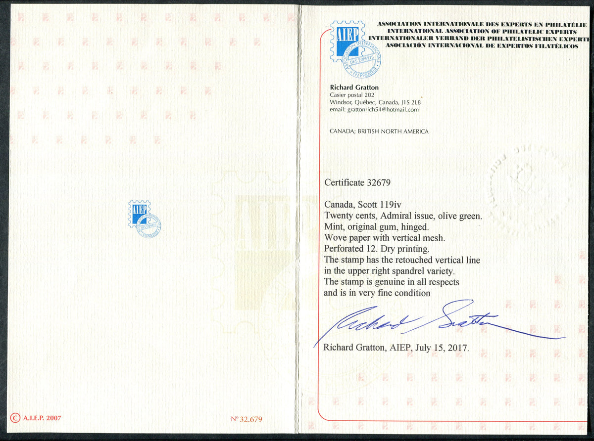 0119CA2506 - Canada #119iv - Mint Retouched Line in Spandrel, w/Certificate