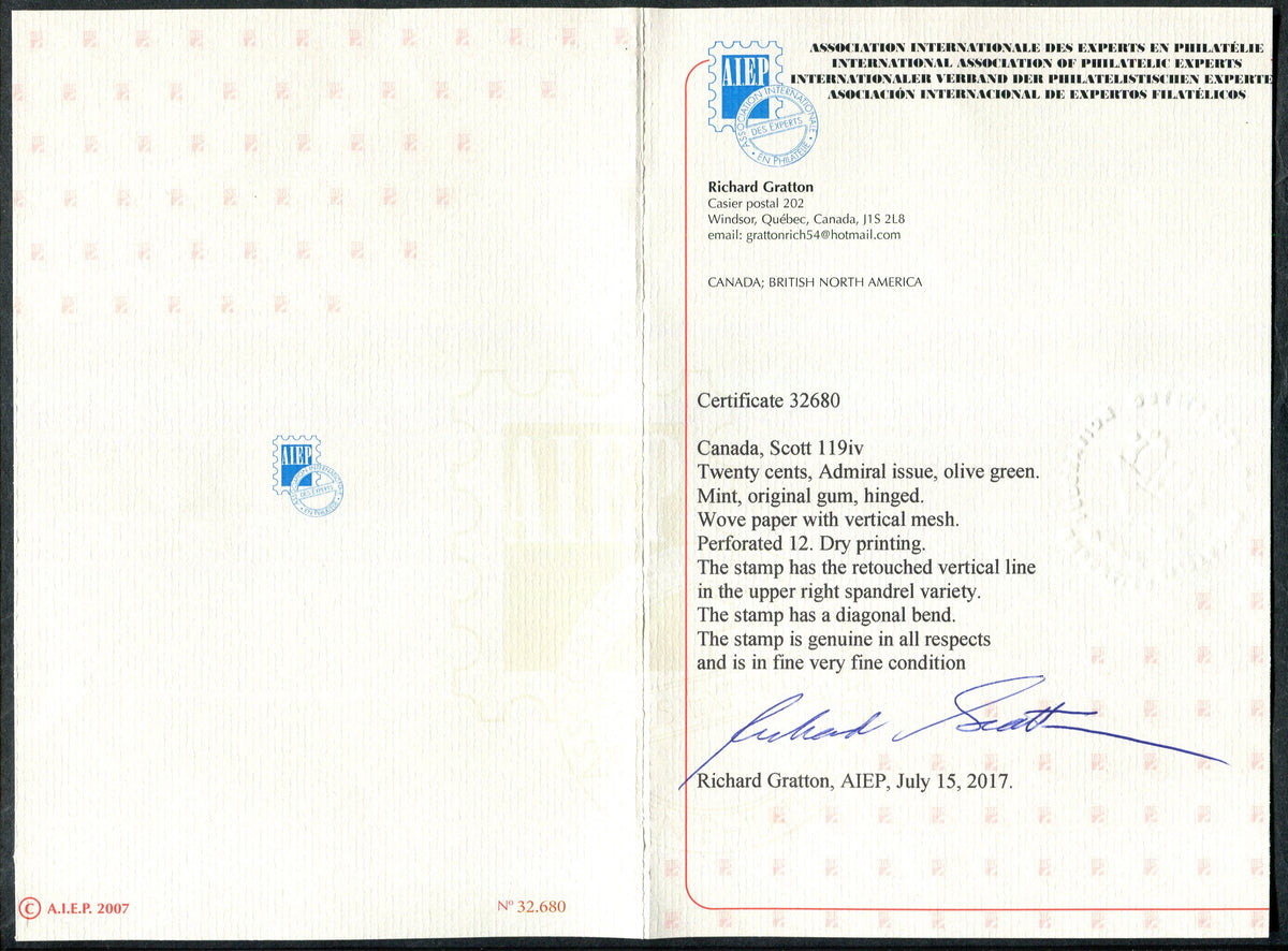 0119CA2506 - Canada #119iv - Mint Retouched Line in Spandrel, w/Certificate