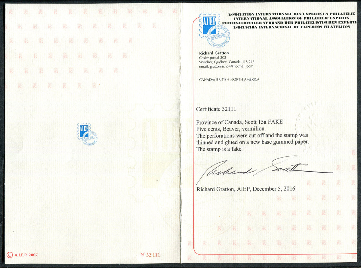 0015CA2506 - Canada #15a Fake, w/Certificate