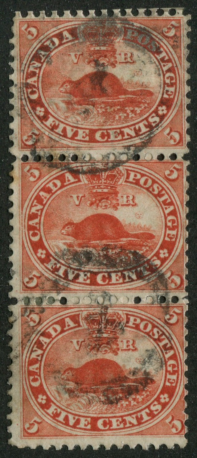 0015CA2308 - Canada #15c Strip of 3, 4-Ring Numeral Cancel &#39;4&#39;