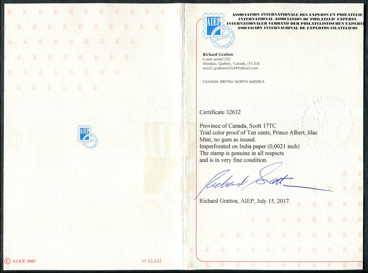 0017CA2506 - Canada #17TC - Trial Colour Plate Proof, w/Certificate