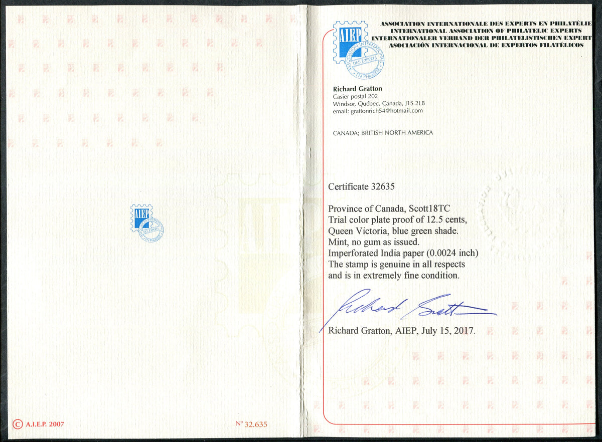 0018CA2506 - Canada #18TC - Trial Colour Plate Proof, w/Certificate