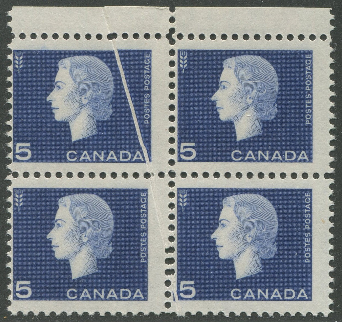 0405CA2305 - Canada #405 - Mint Block of 4, Pre-Printing Crease