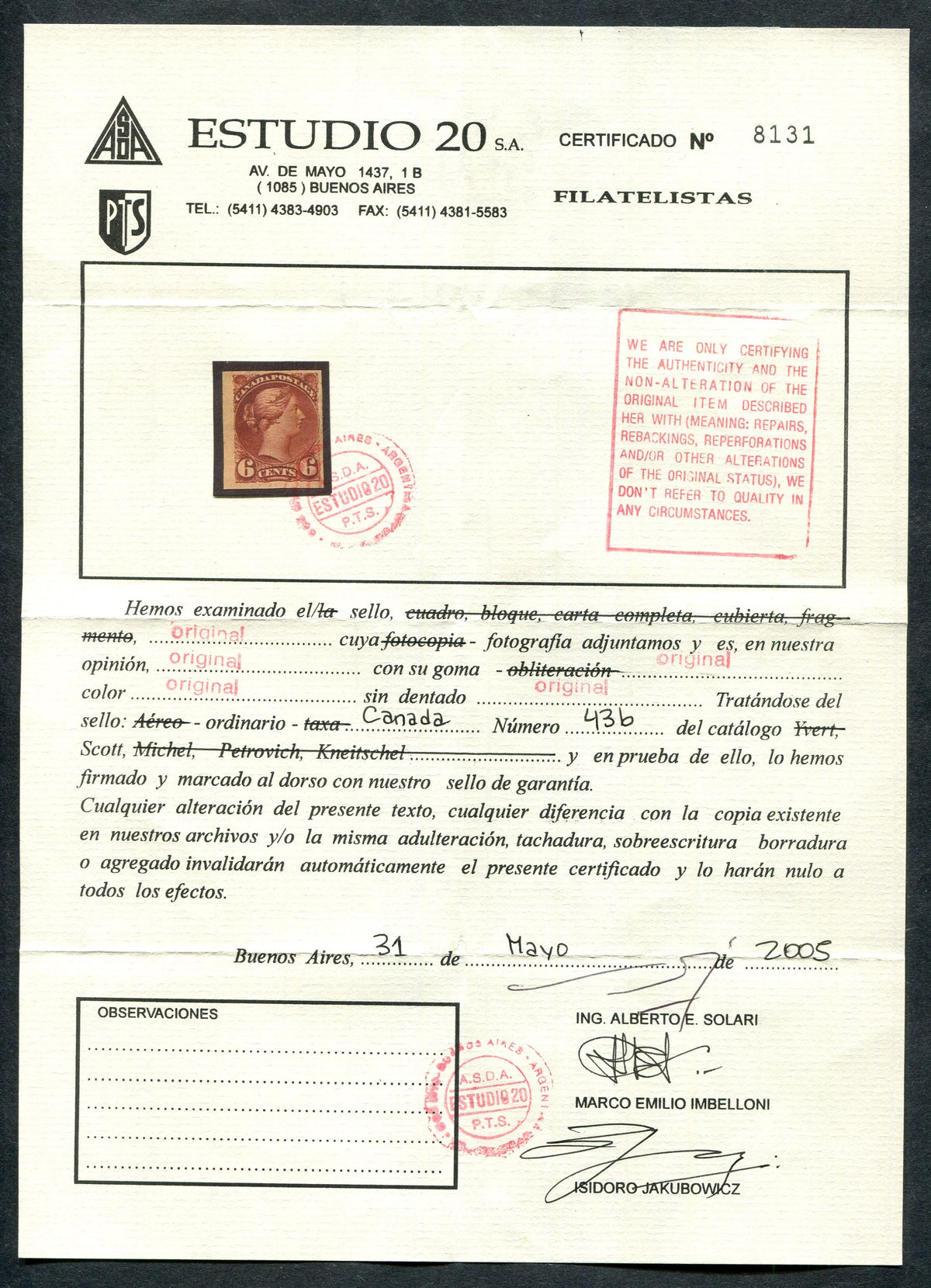 0043CA2510 - Canada #43b Imperf Single, w/Certificate