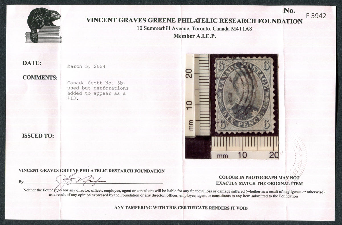 0005CA2509 - Canada #5b, w/Certificate