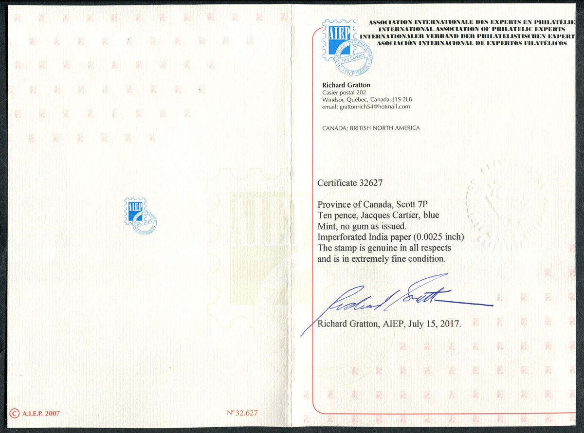 0007CA2506 - Canada #7P - Plate Proof, w/Certificate