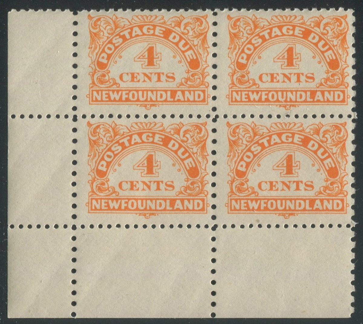 0293NF2307 - Newfoundland J4 - Mint Corner Block of 4