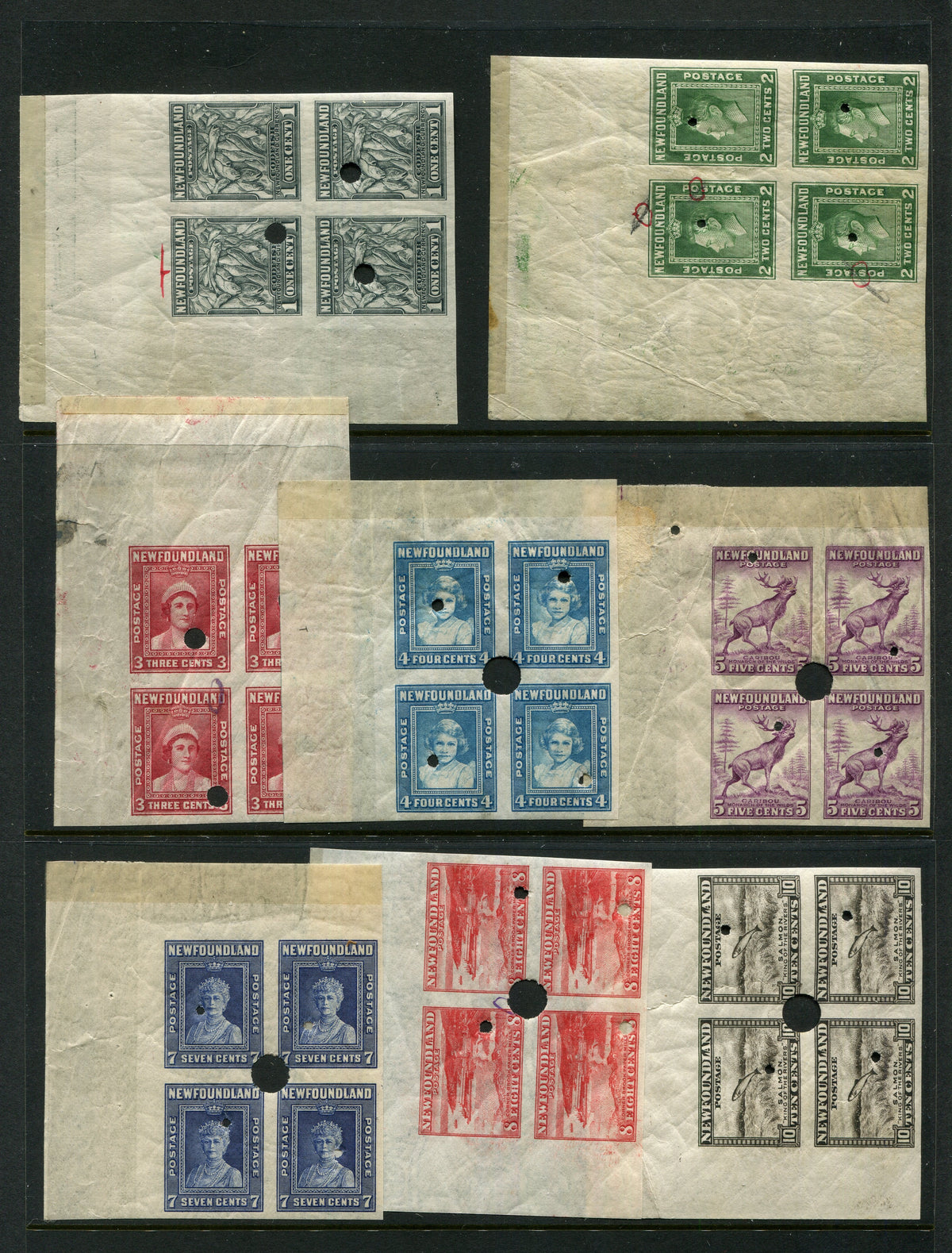 0253NF2404 - Newfoundland #253i-266ii - Imperf Block Security Punch Collection