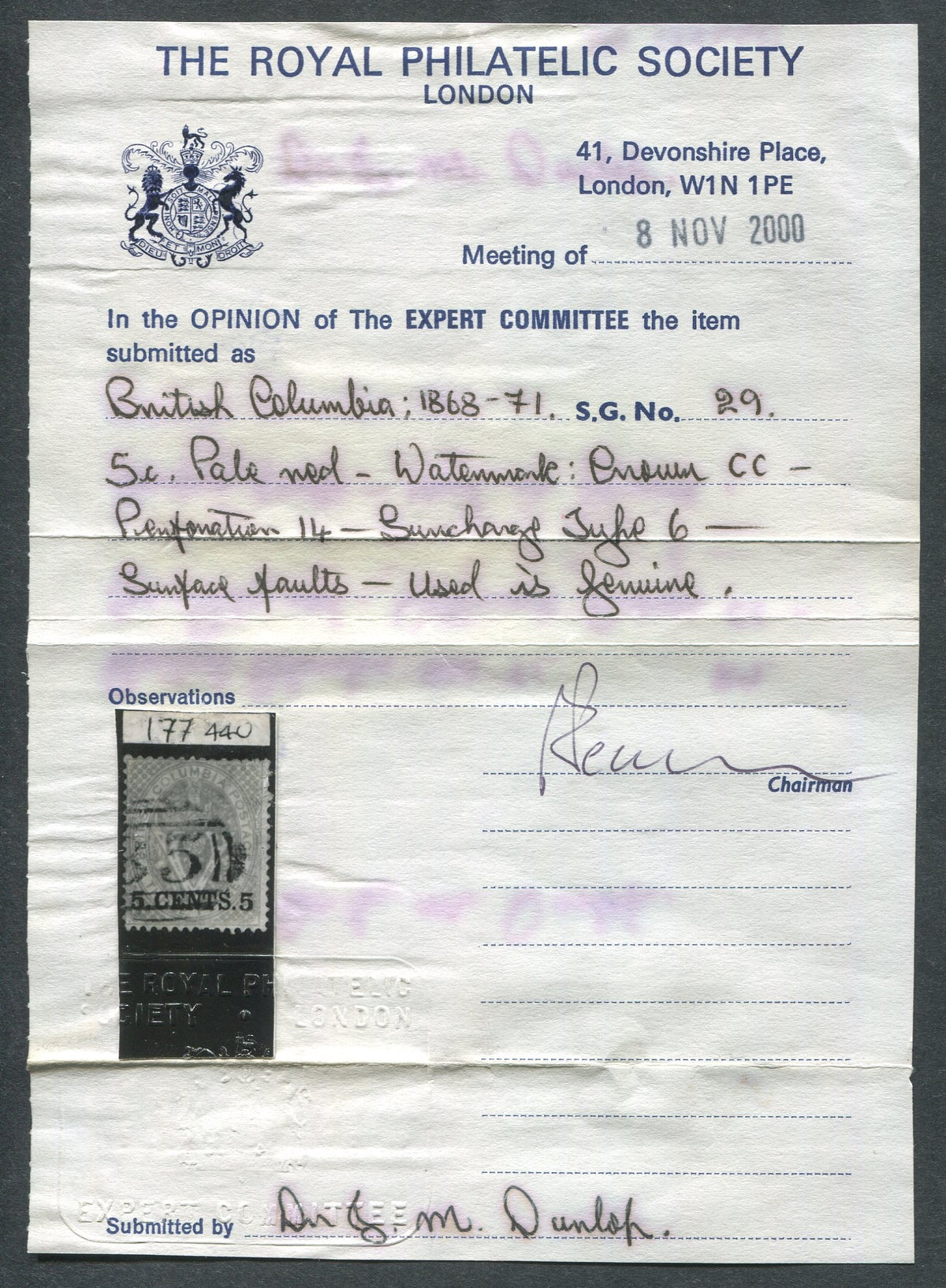 0009BC2209 - British Columbia #9 - Used, w/Certificate