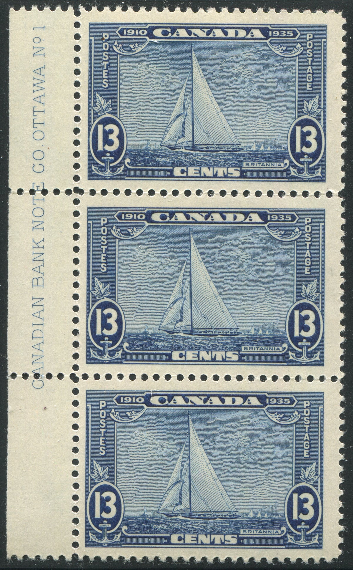 0216CA2005 - Canada #216 - Mint Plate Strip of 3, Unlisted Re-Entry
