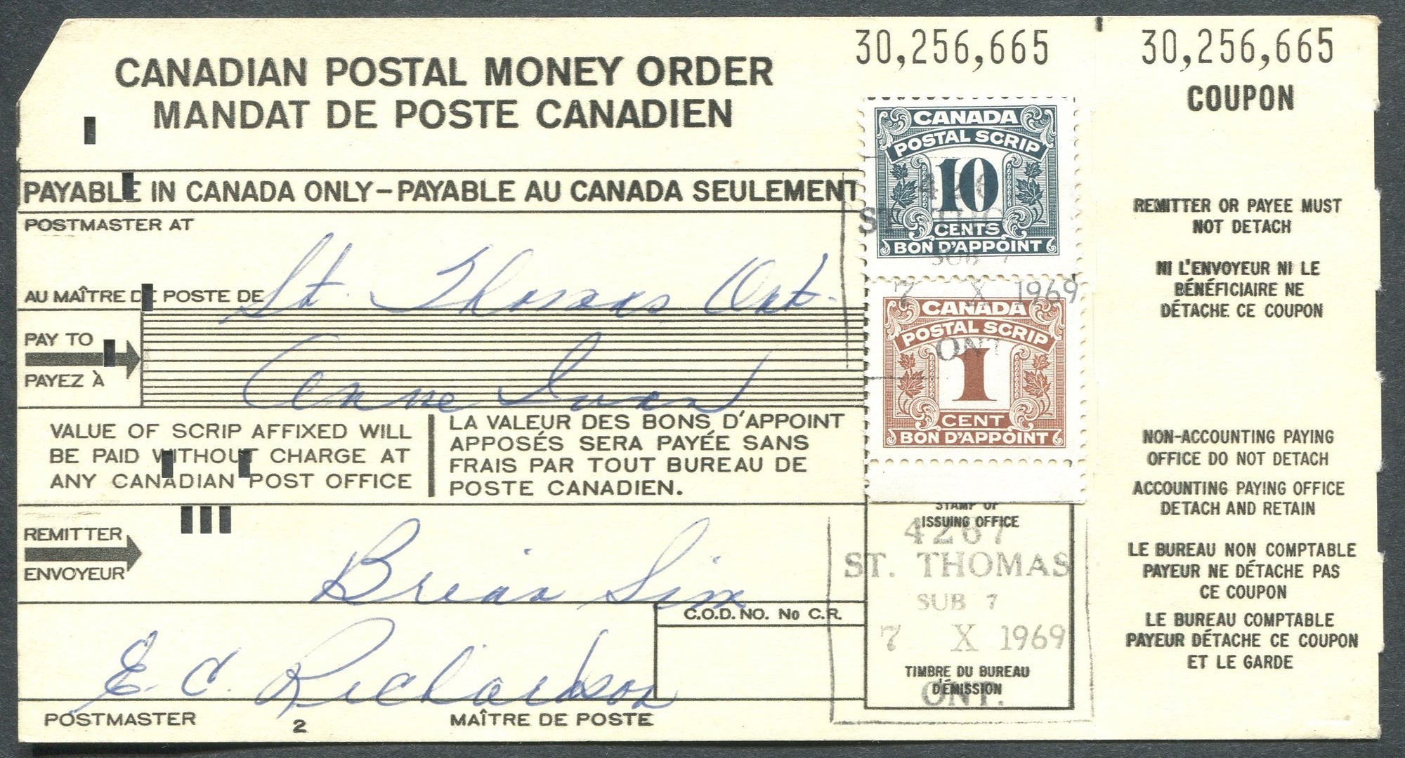 0455FD2003 - FPS23, FPS32 - Used on Canadian Postal Money Order