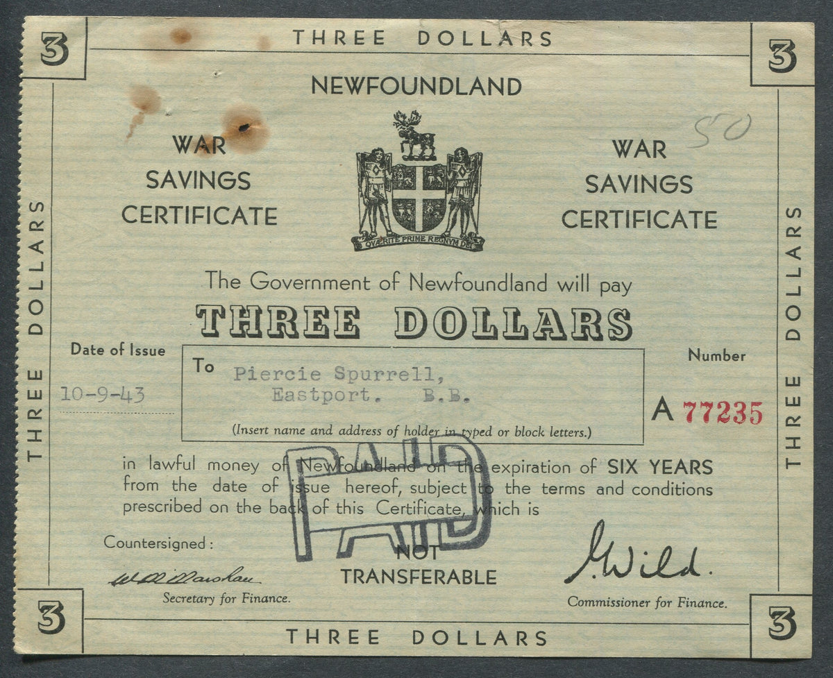 0000NF2208 - $3 Newfoundland War Savings Certificate - Used