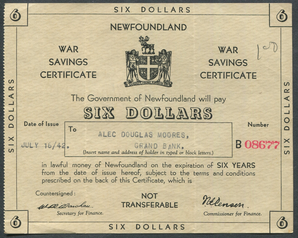 0000NF2208 - $6 Newfoundland War Savings Certificate - Used