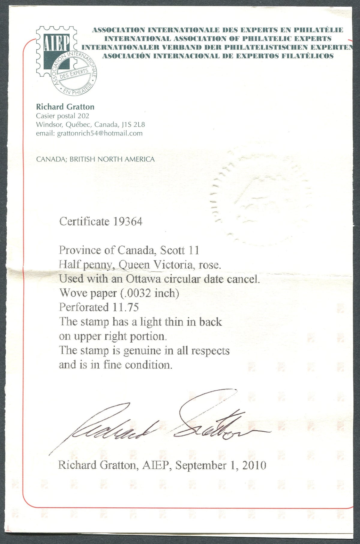 0011CA1903 - Canada #11, w/Cert