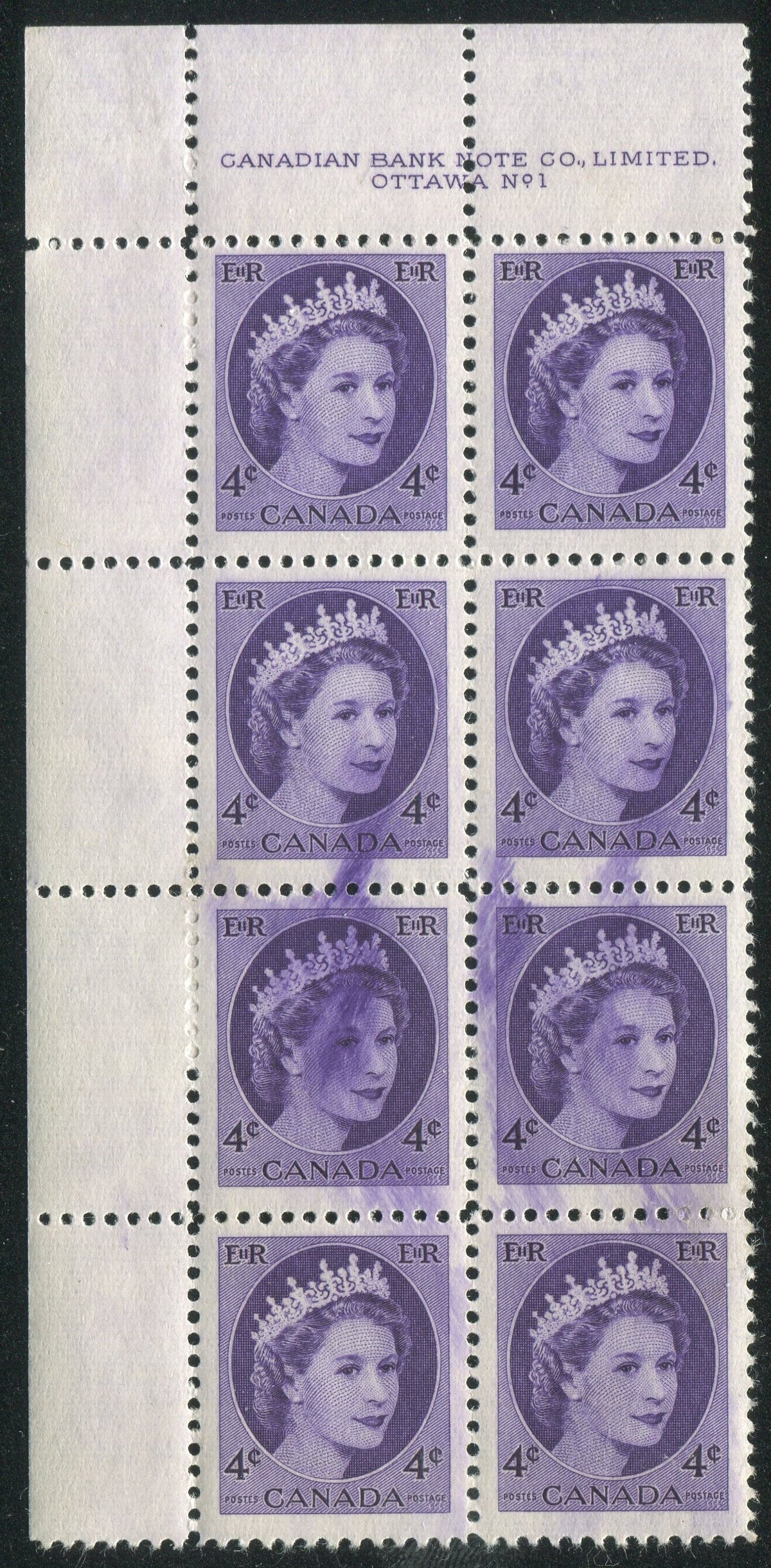 0340CA1902 - Canada #340 - Mint Ink Smear Plate Block of 8