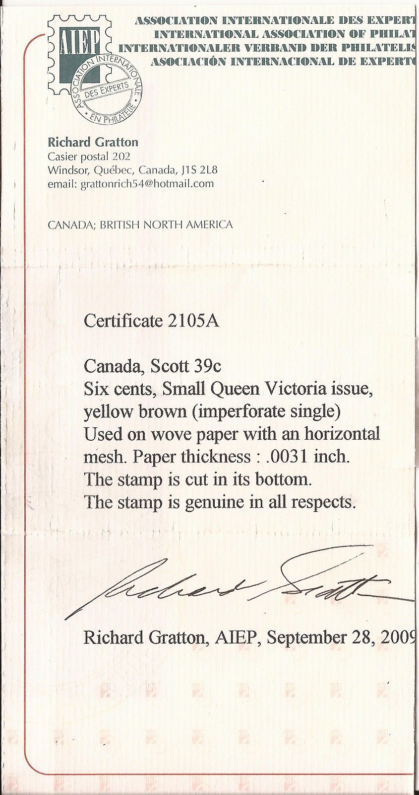0039CA1708 - Canada #39c - Used Imperf Single