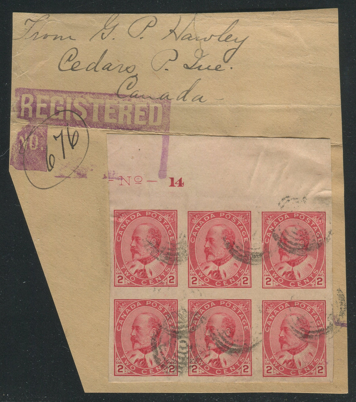 0090CA2209 - Canada #90A Plate Block of 6 On Piece