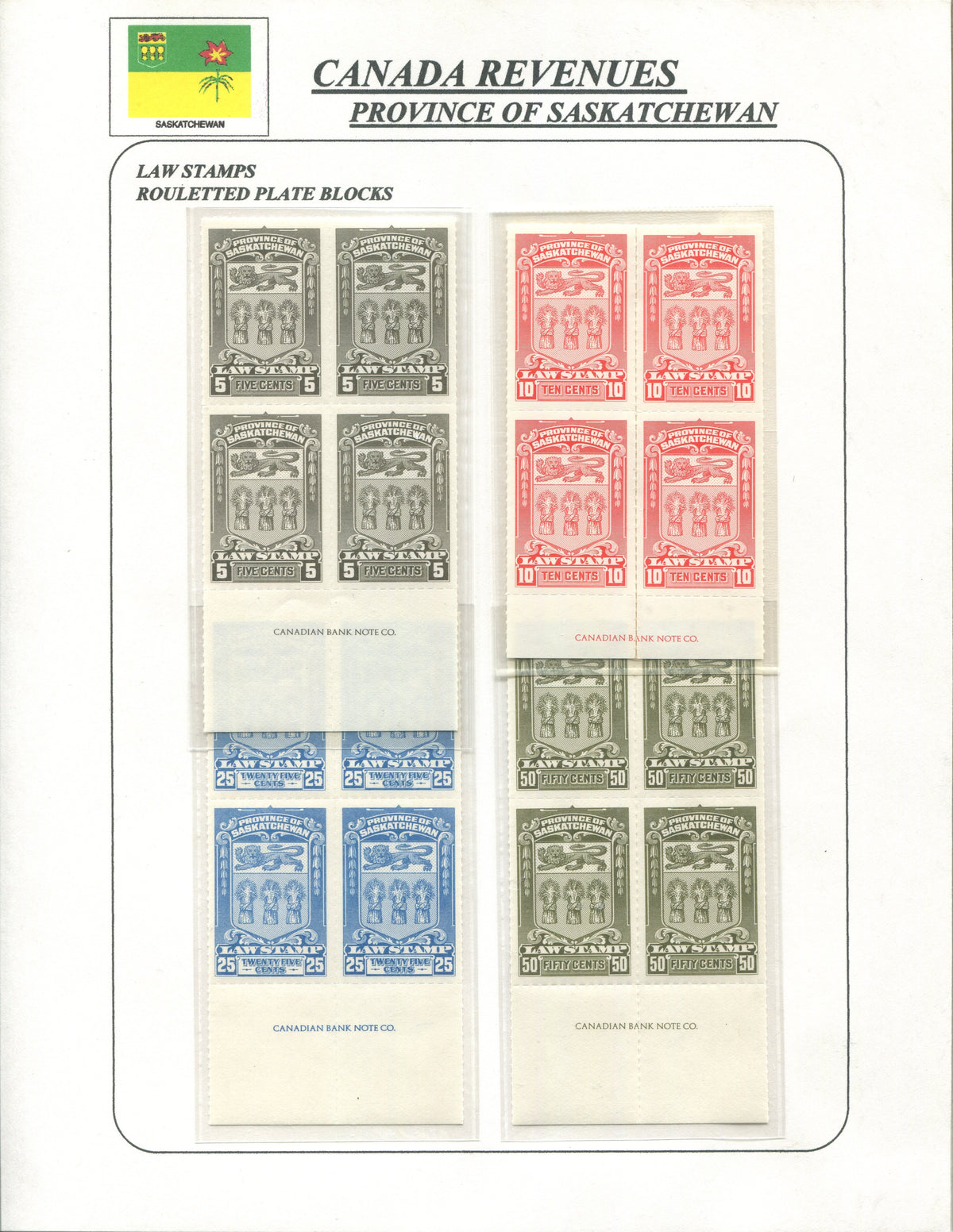 0068SL1910 - Saskatchewan Law Stamp Plate Block Collection - SL68-SL78