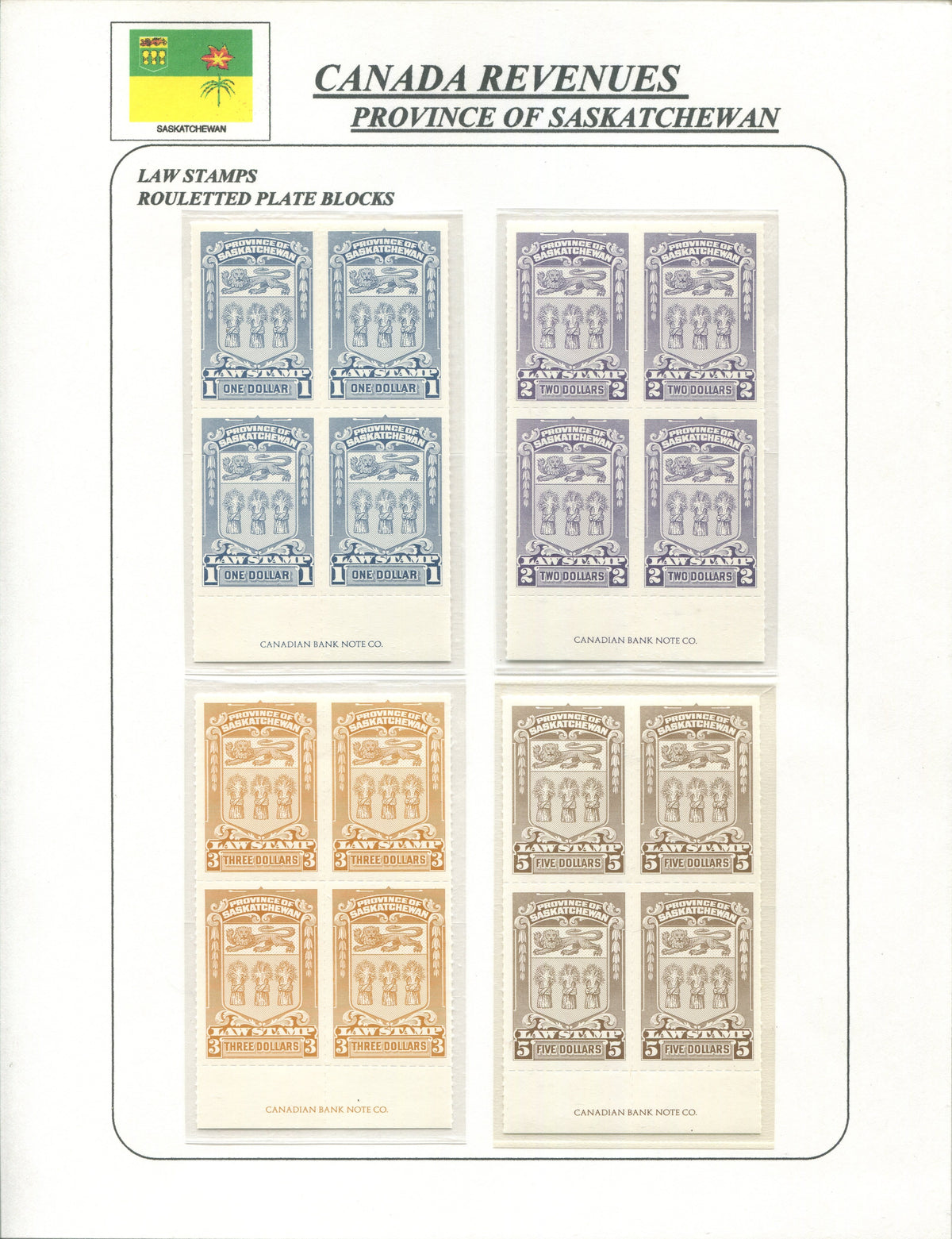 0068SL1910 - Saskatchewan Law Stamp Plate Block Collection - SL68-SL78