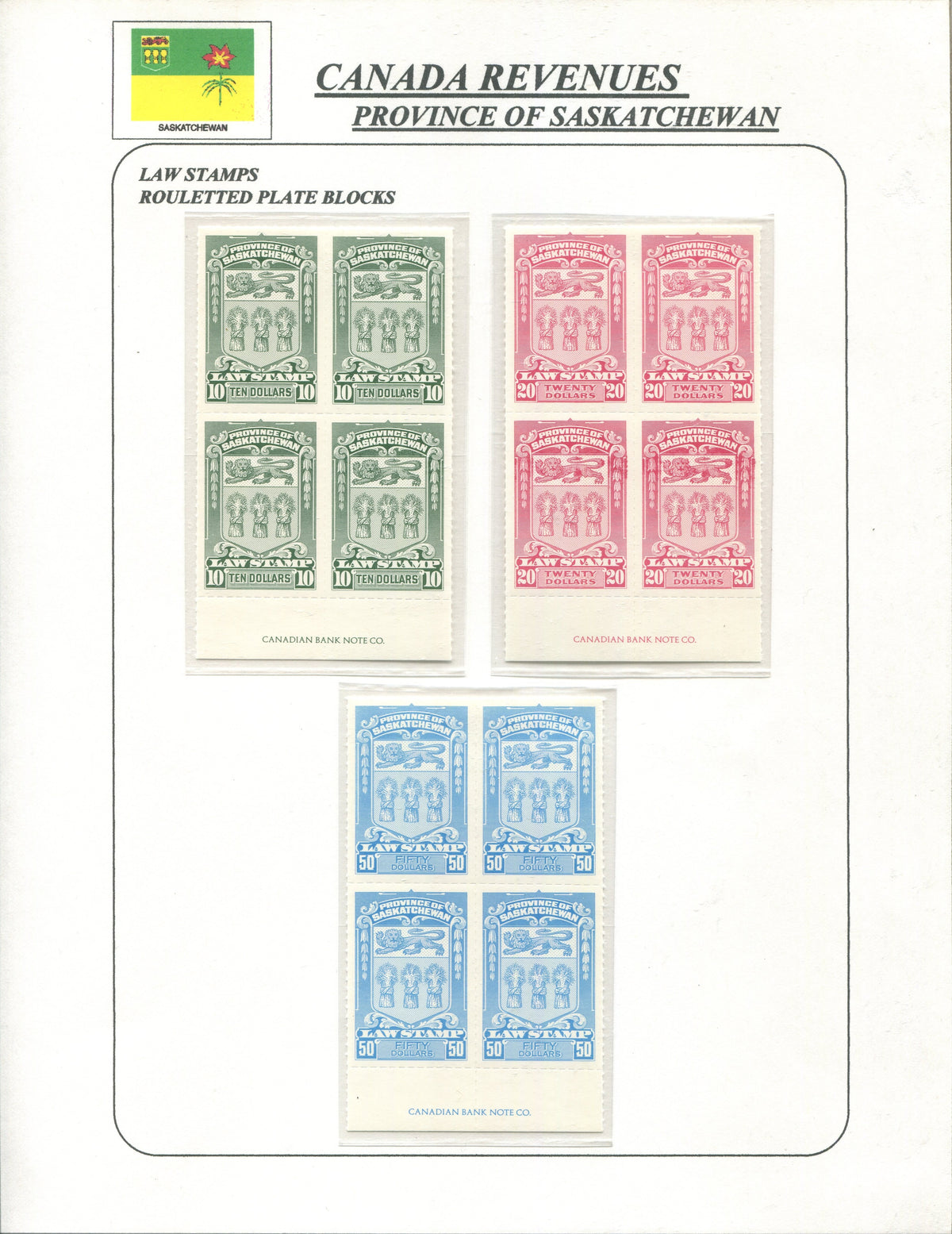 0068SL1910 - Saskatchewan Law Stamp Plate Block Collection - SL68-SL78