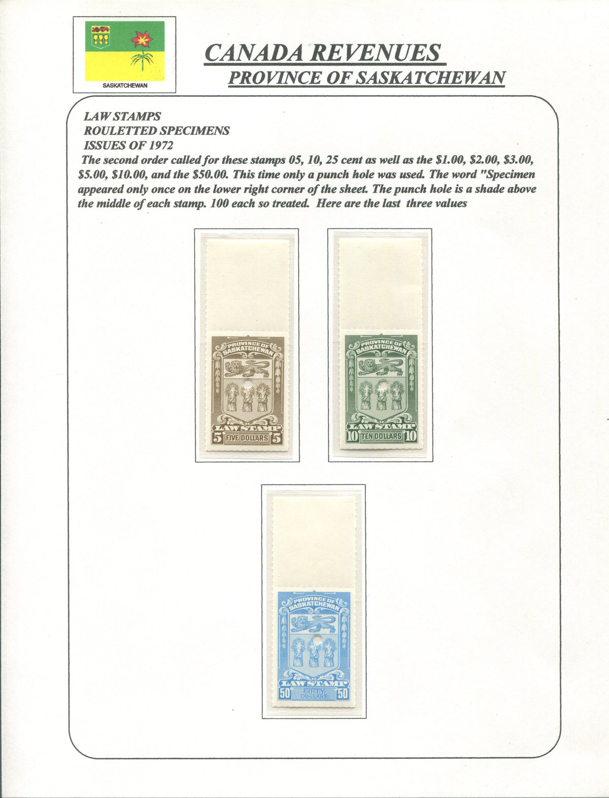 0068SL1910 - Saskatchewan Law Stamp Specimen Collection - SL68//SL78