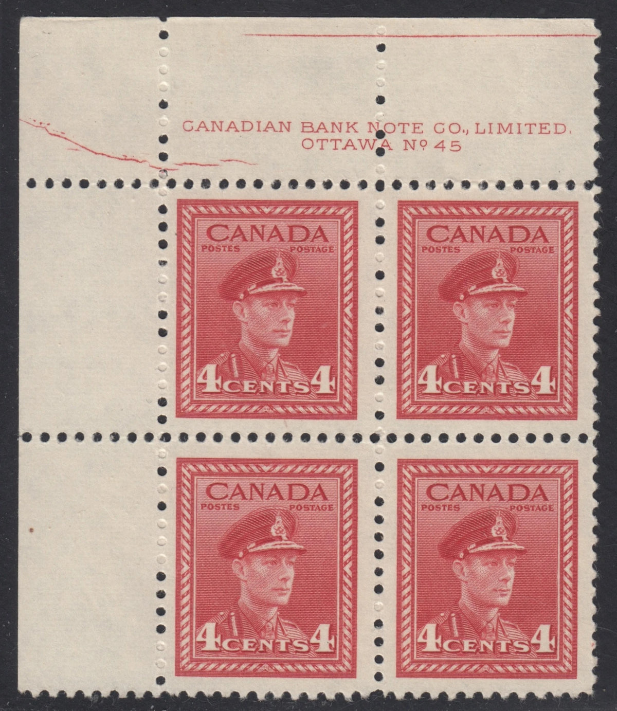 0254CA2108 - Canada #254 - Plate Block, Cracked Plate