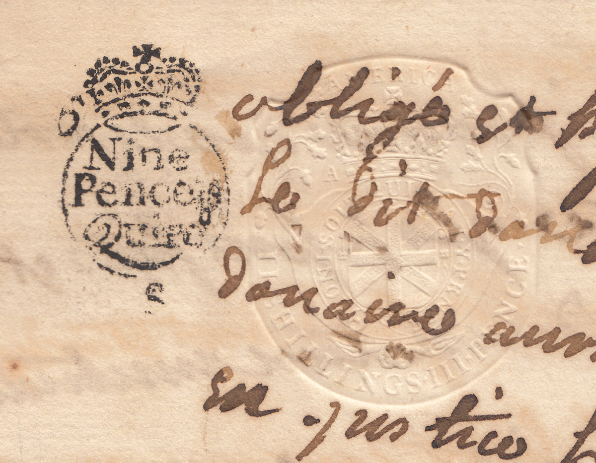0000QC1809 - QAE9 (RM30) - 1765 America Embossed Revenue Document, Quebec City &amp; Trois Rivieres