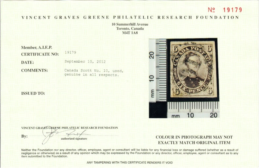 0010CA2202 - Canada #10, VGG Certificate
