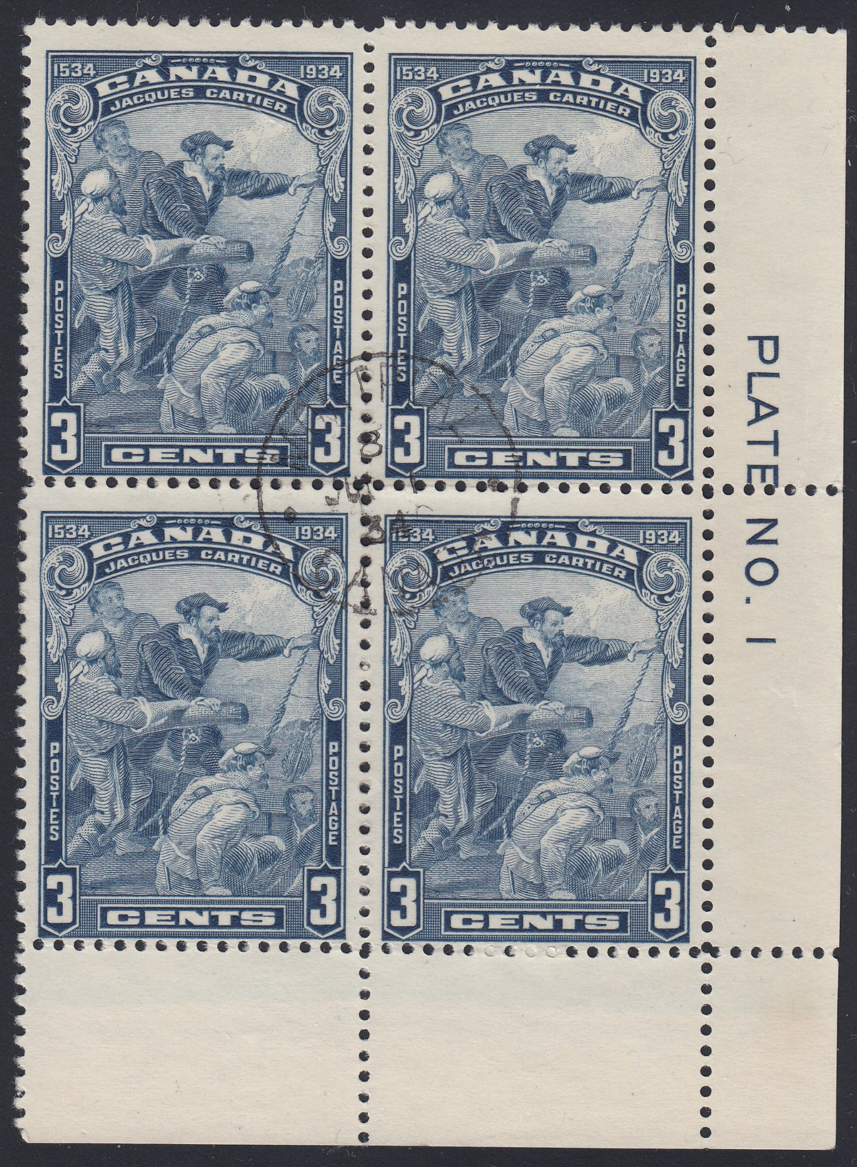 0208CA1805 - Canada #208iii Used Plate Block, &#39;Hairline from Hand&#39;