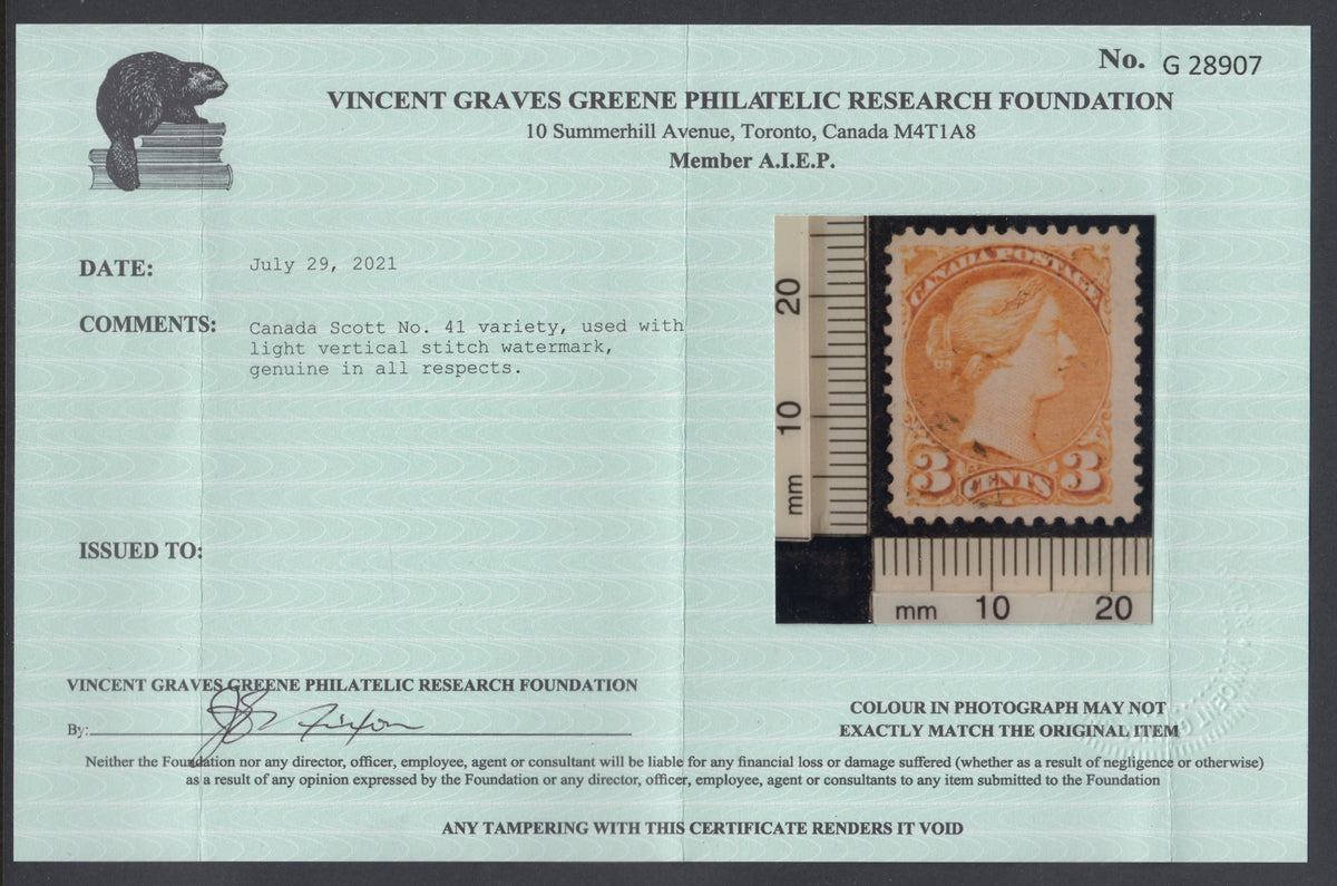 0041CA2108 - Canada #41 - Stitch Watermark with Green Cert.