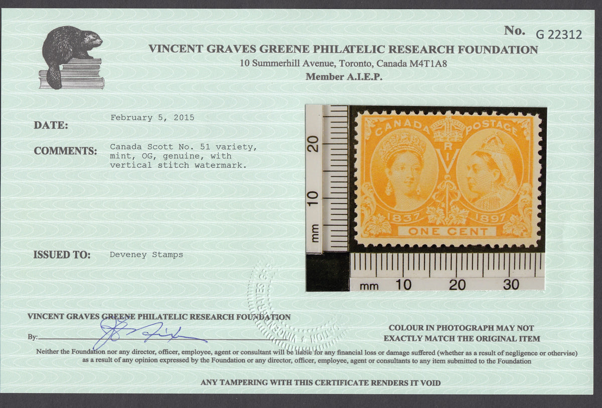0051CA1708 - Canada #51 - Mint Vertical Stitch Watermark, Greene Cert