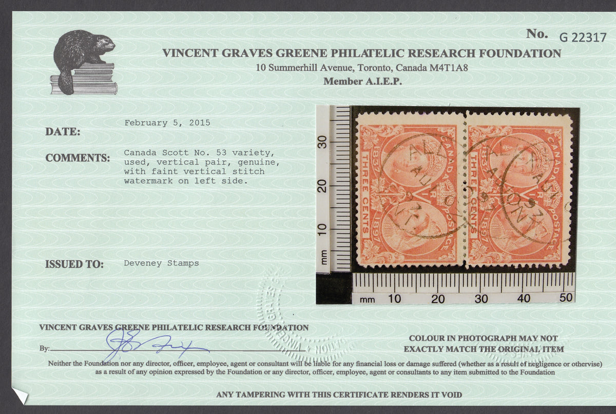 0053CA1802 - Canada #53 - Used Stitch Watermark Pair, Greene Cert