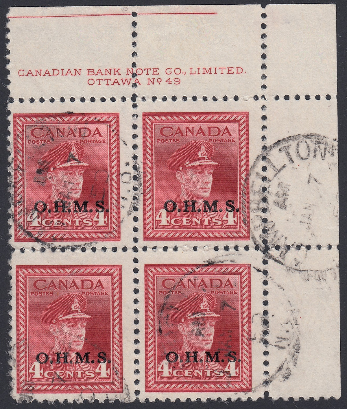 0351CA1805 - Canada O4 - Used Plate Block of 4