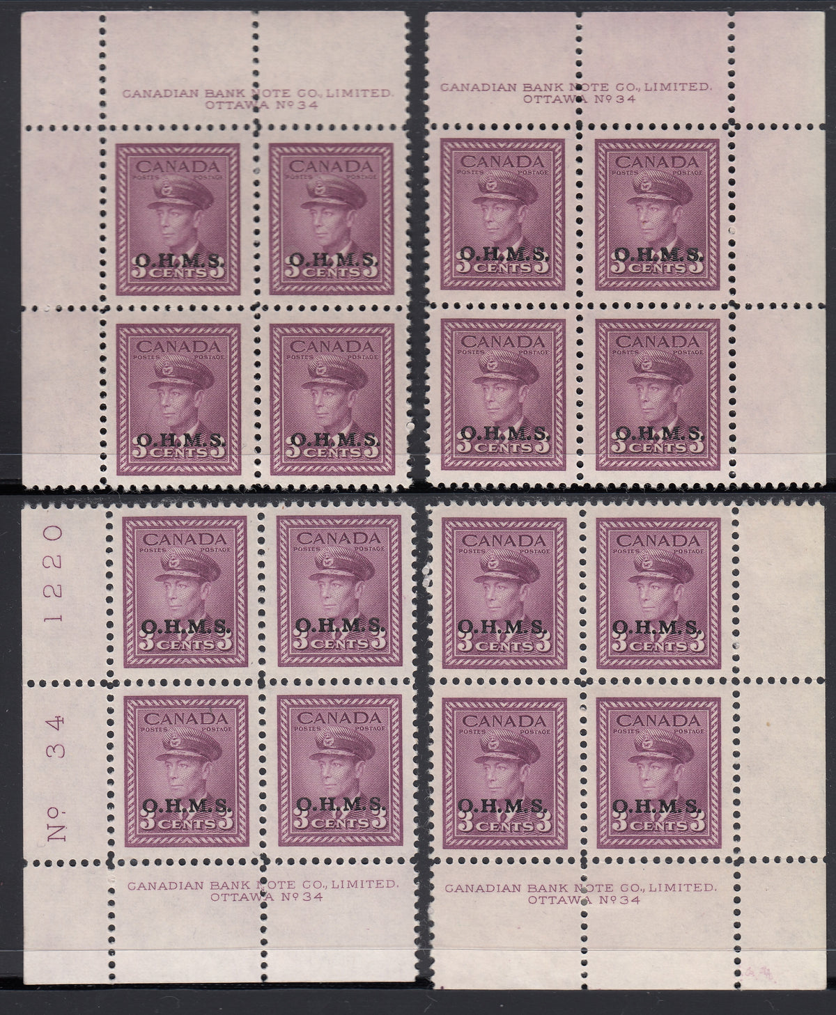 0350CA1801 - Canada O3 - Mint Plate Block Matched Set