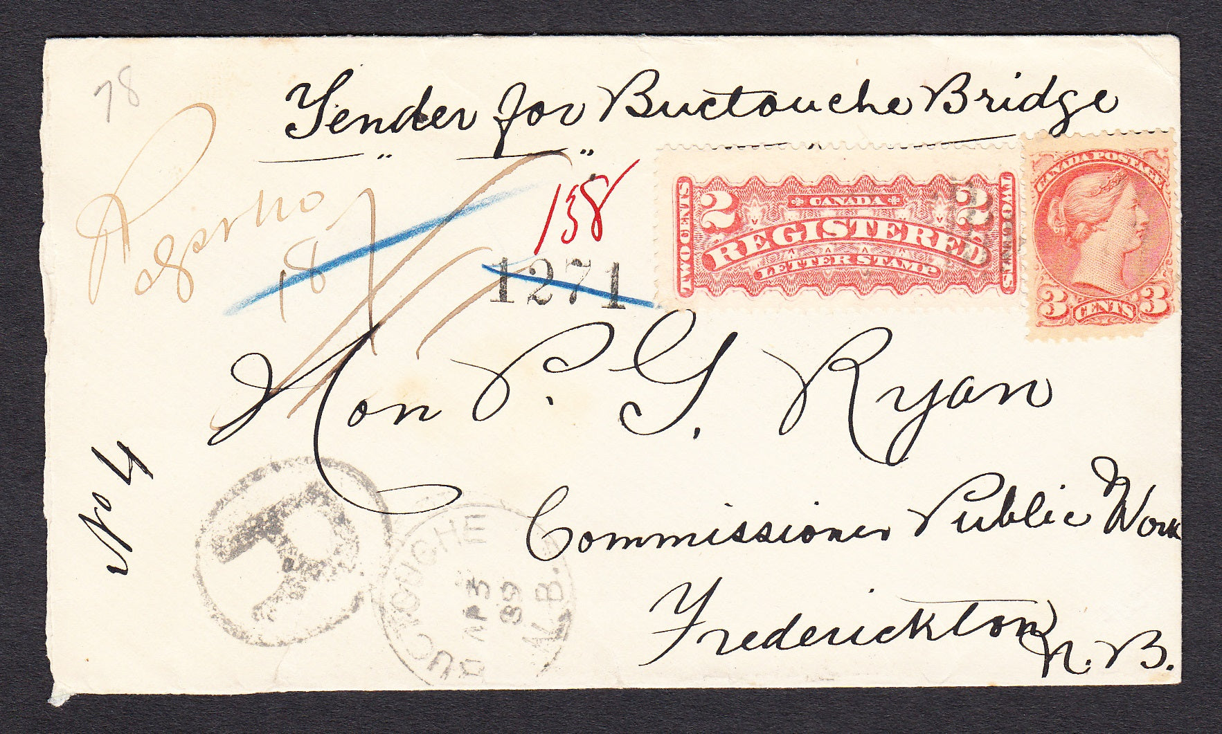 0037NB1709 - #37 & F1 on 'Buctouche', N.B. Registered Cover