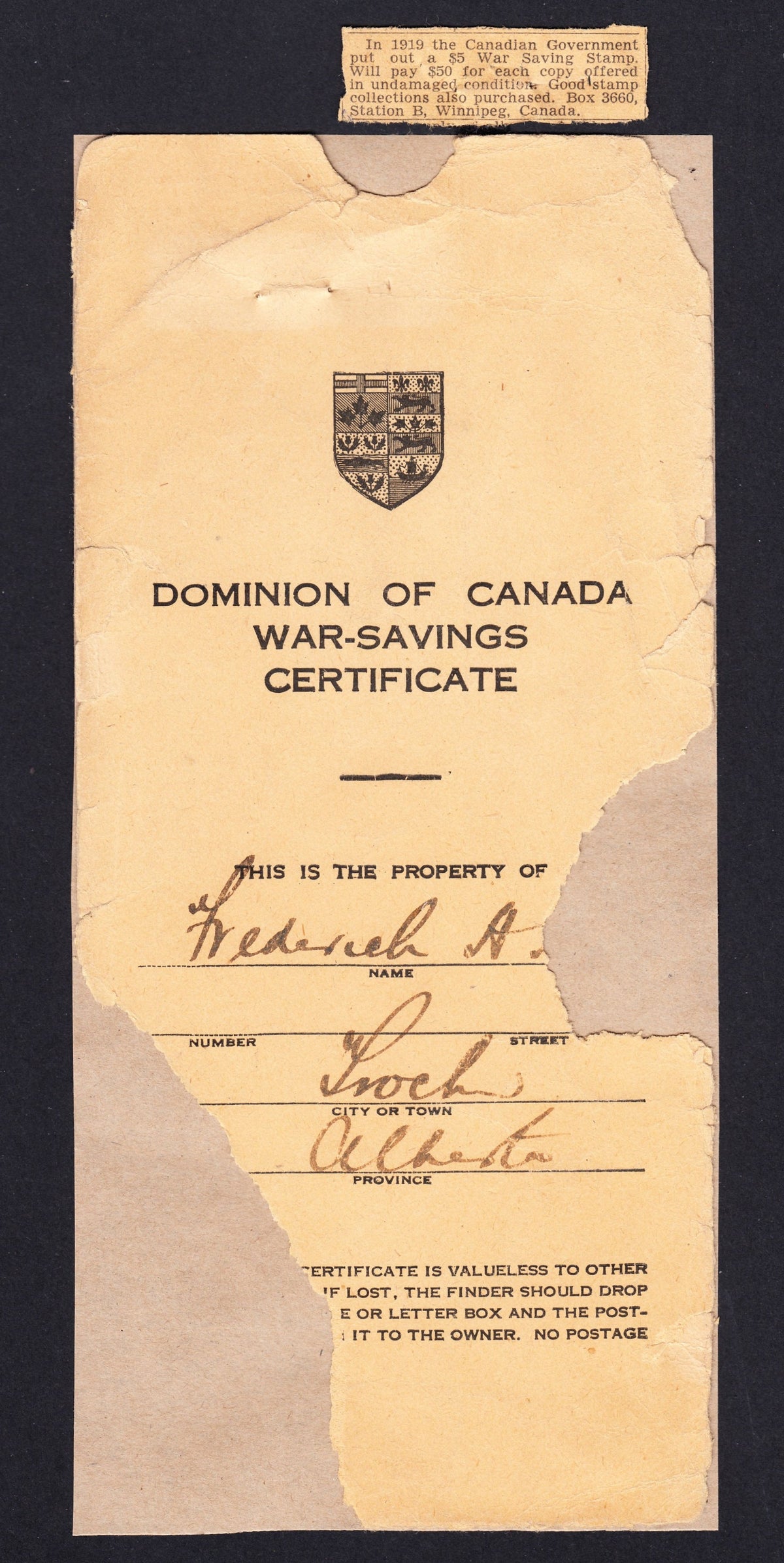 0002WS1708 - FWS2 - Used  War Savings Certificate w/ Original Mailer