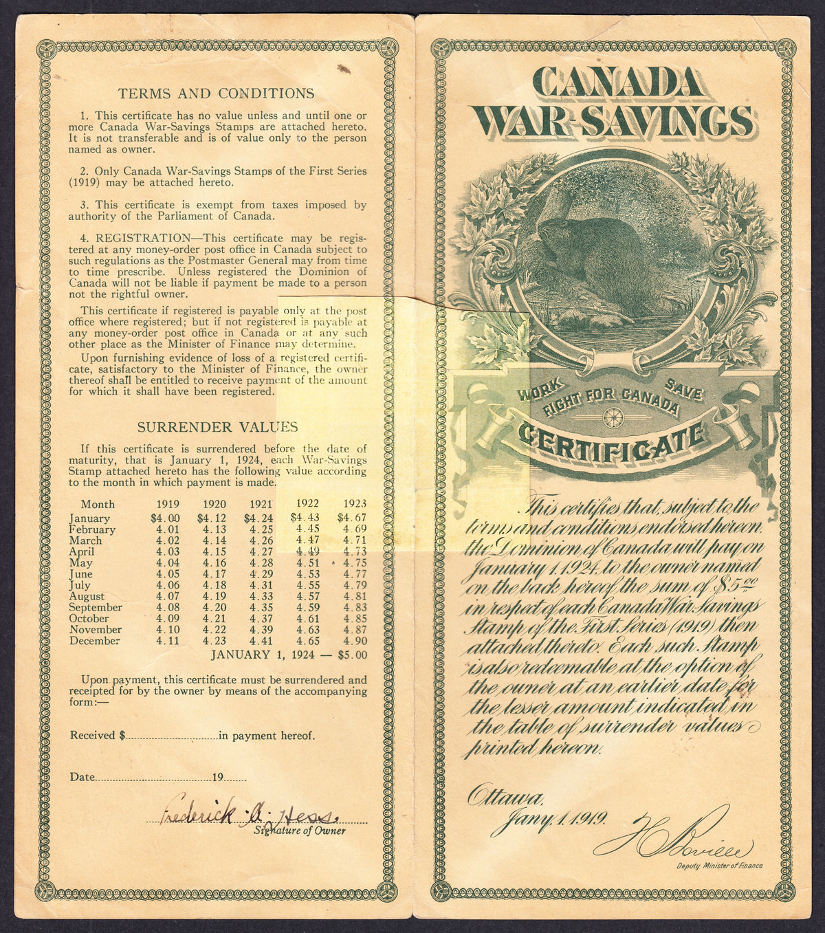0002WS1708 - FWS2 - Used  War Savings Certificate w/ Original Mailer