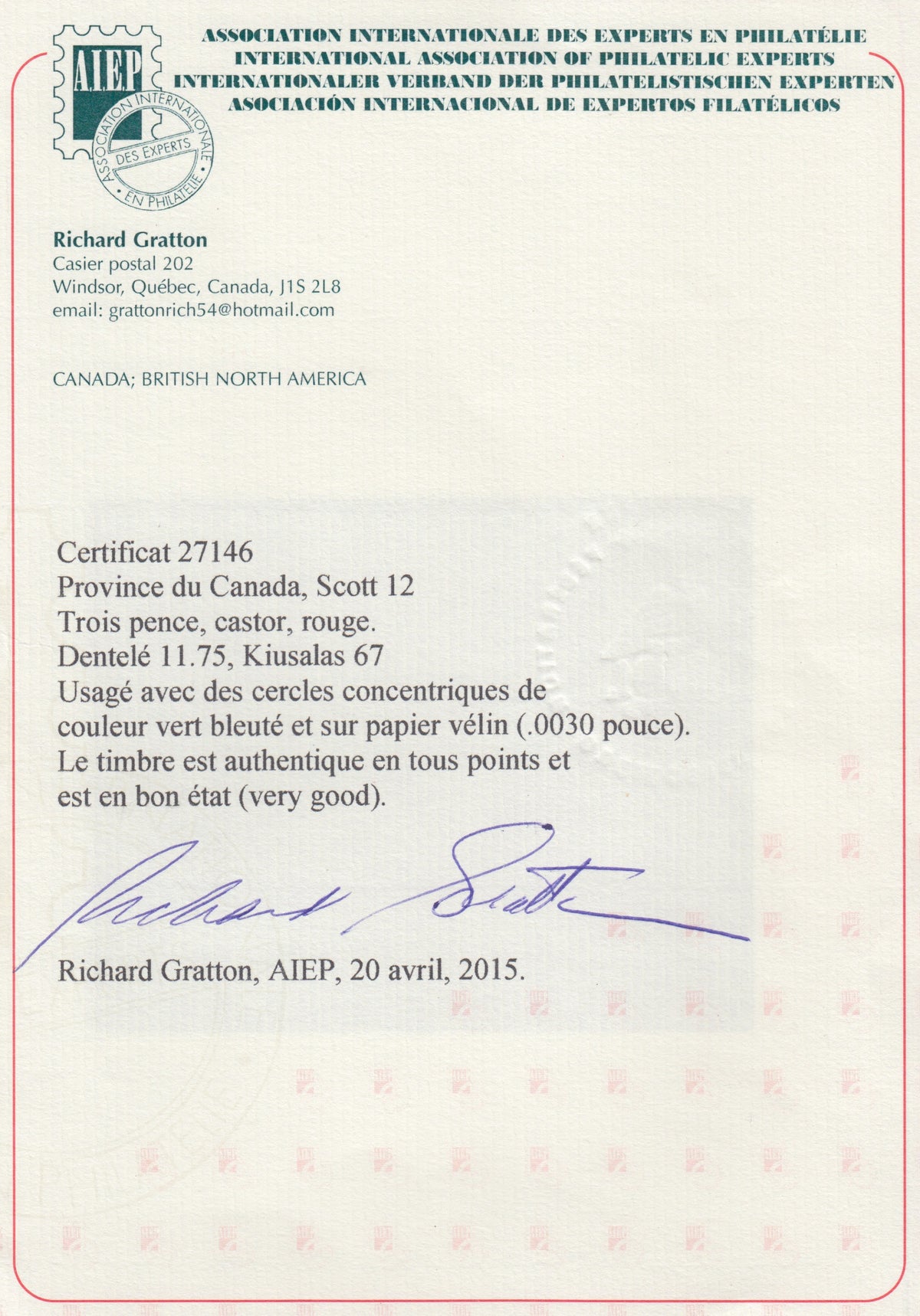 0012CA2206 - Canada #12, w/ Cert