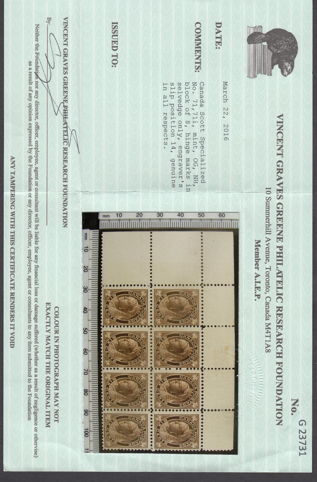 0071CA1803 - Canada #71, 71i - Mint Block of 4, Engraver&#39;s Slip at Bottom Variety, w/Cert