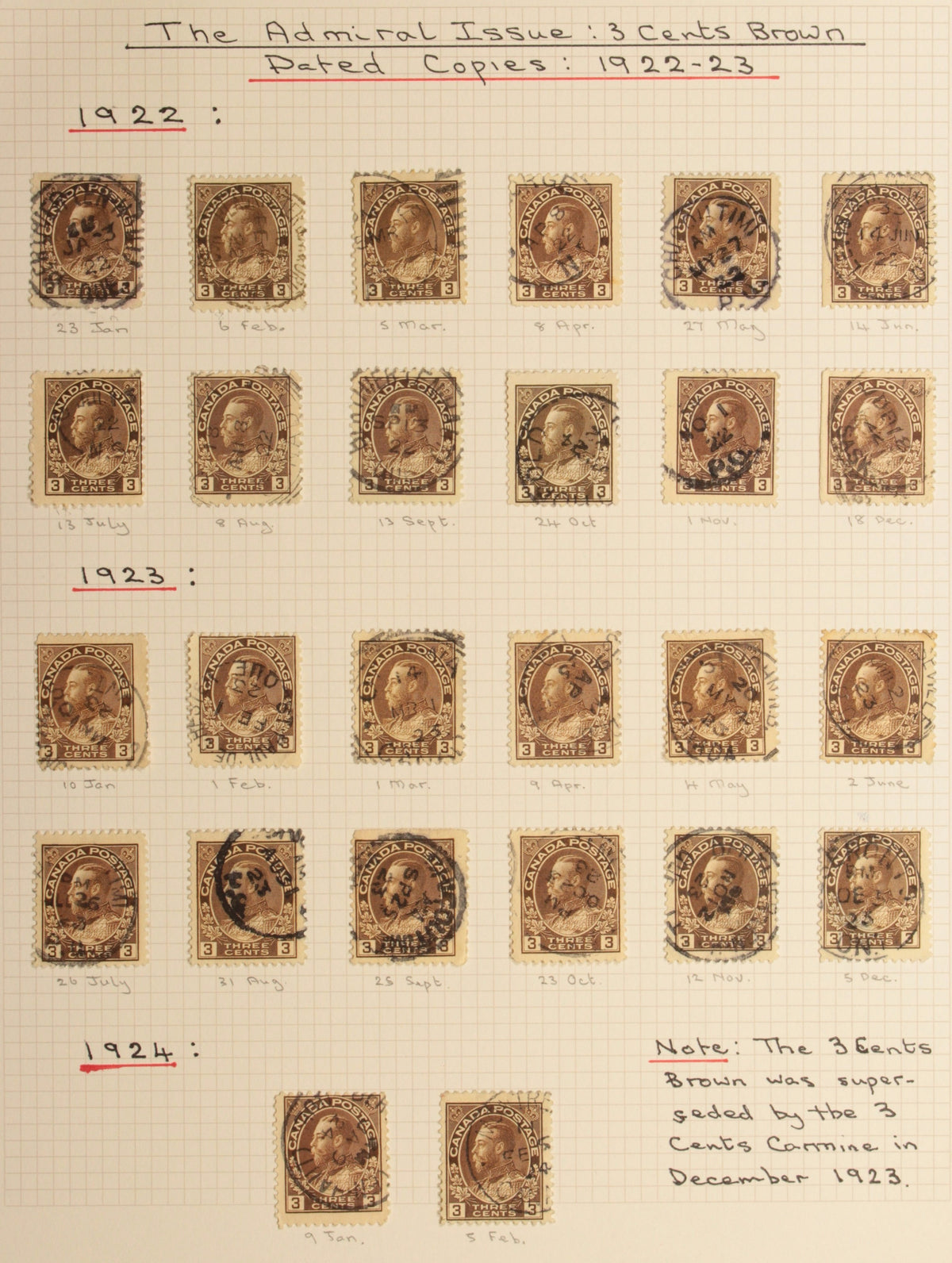 0108CA1710 - #108, 3c brown calendar collection, all dated copies (66)