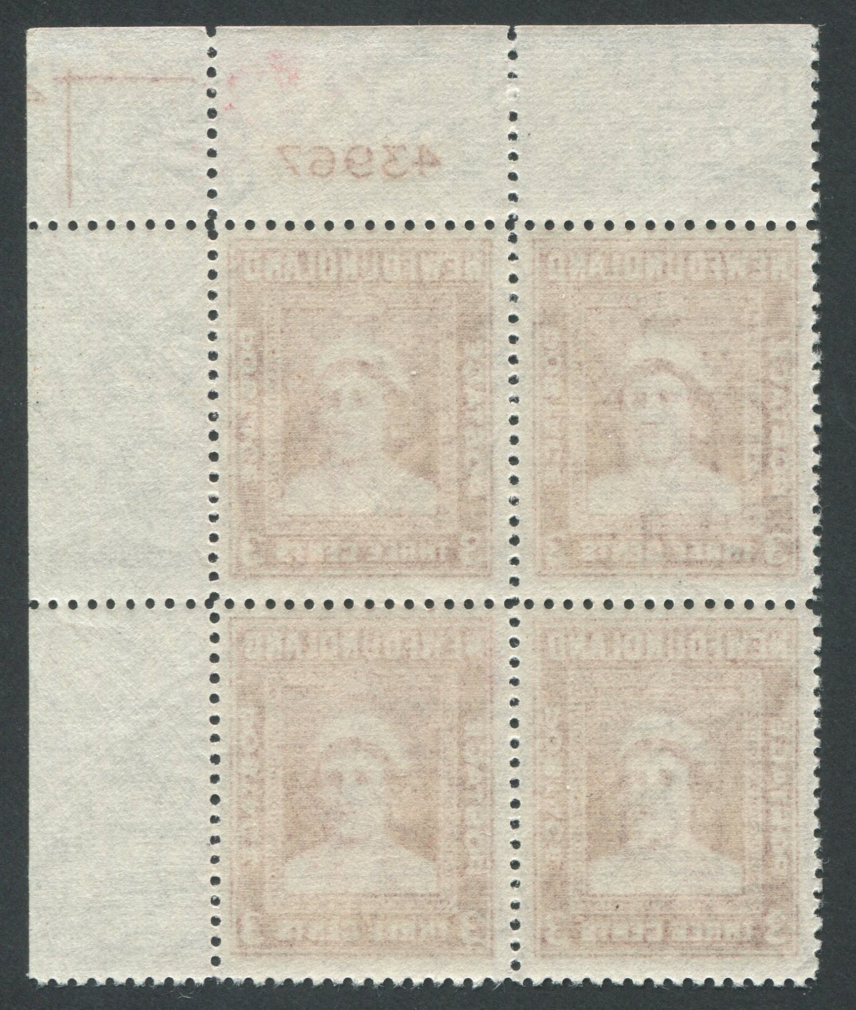 0255NF1708 - Newfoundland #255 - Mint Inscription Block of 4, Miscut