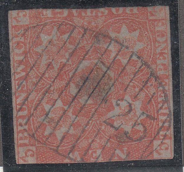 0001NB1709 - New Brunswick #1a - Used Numeral Cancel &#39;25&#39; - Deveney Stamps Ltd. Canadian Stamps