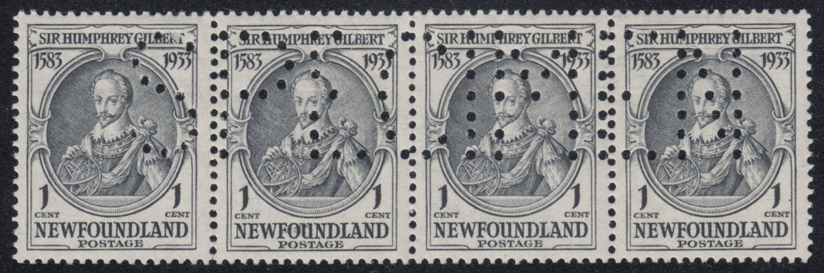 0212NF2301 - Newfoundland #212, Strip of 4 SPECIMEN Perfin