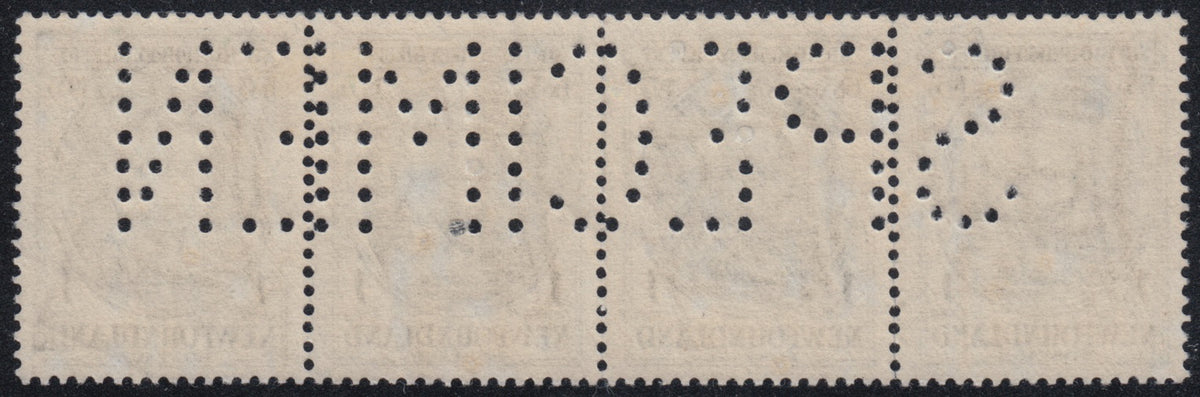 0212NF2301 - Newfoundland #212, Strip of 4 SPECIMEN Perfin