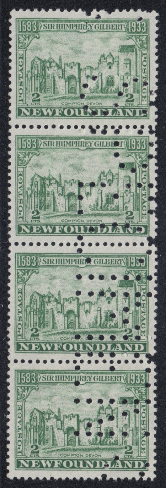 0213NF2301 - Newfoundland #213, Strip of 4 SPECIMEN Perfin