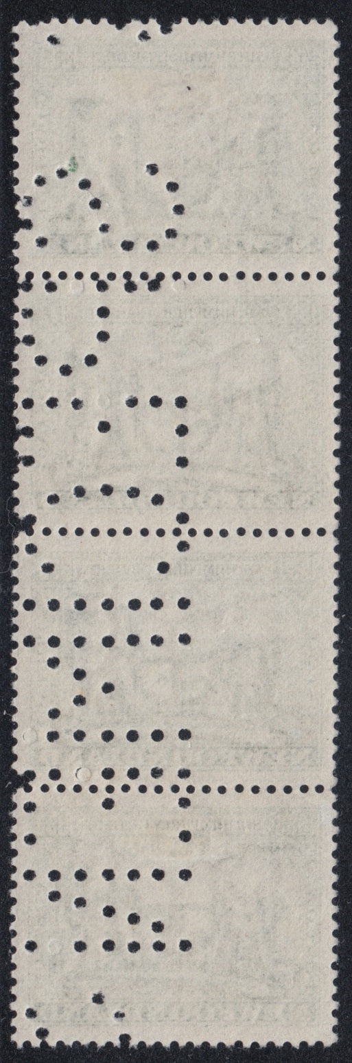 0213NF2301 - Newfoundland #213, Strip of 4 SPECIMEN Perfin