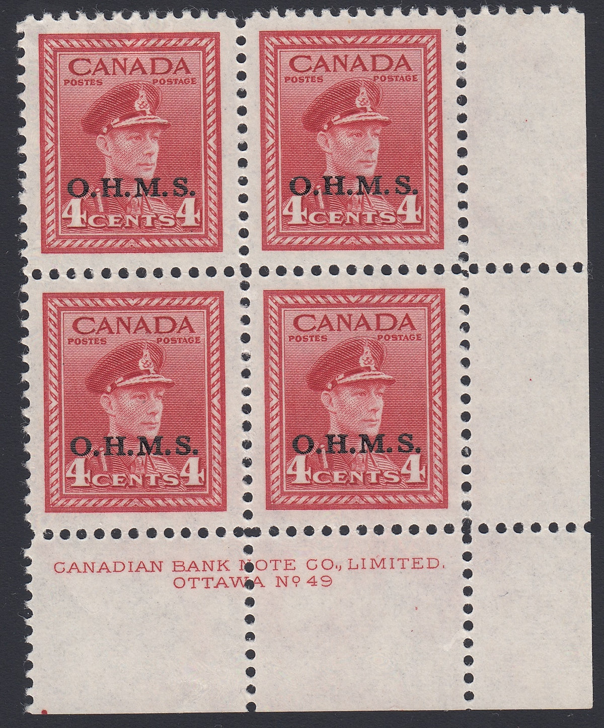 0351CA1803 - Canada O4 - Mint Block of 4, Plate 49